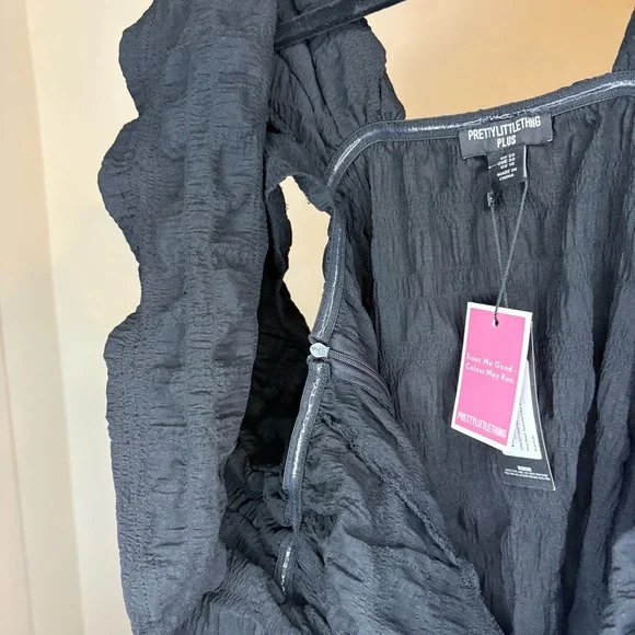PrettyLittleThing NWT Black PuffSleeve Textured V-Bar Bodycon Mini Dress Size 18 - Picture 8 of 12